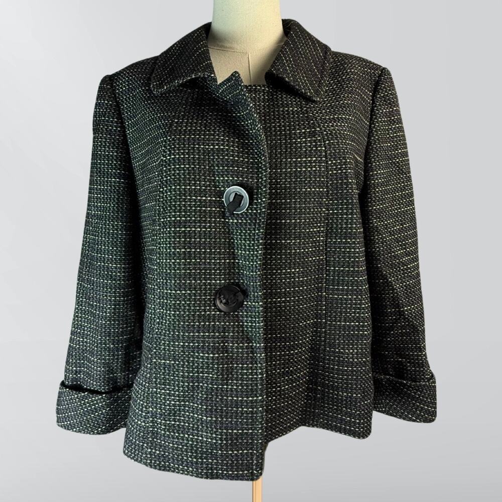 Tahari Arthur S Levine Tweed Black W/ Purple & Yellow Stitching Jacket